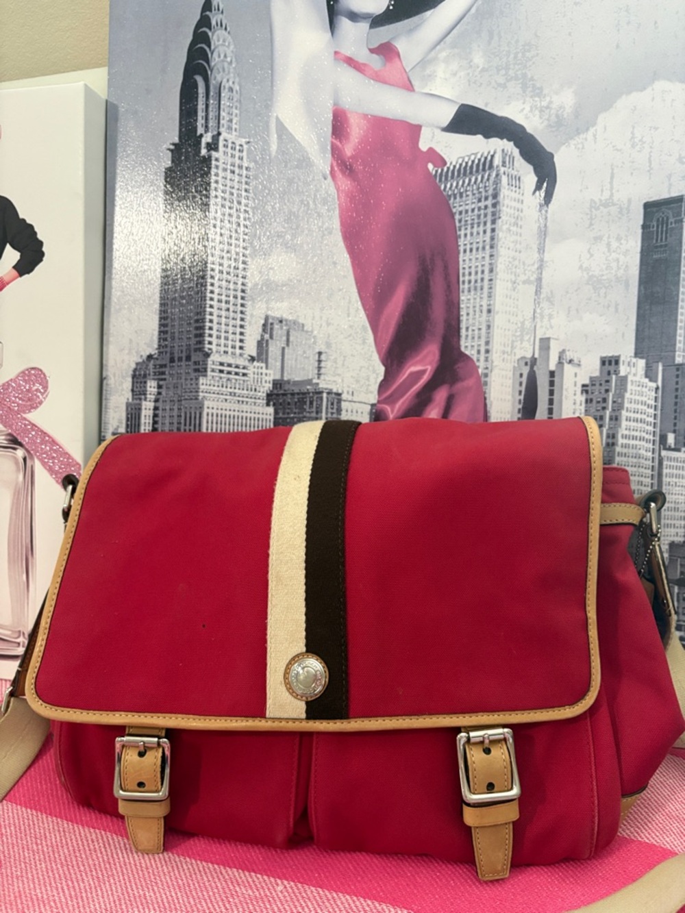 Coach Red Canvas Messenger Bag with Cream Strap and Tan Trim - Picture 2 of 12